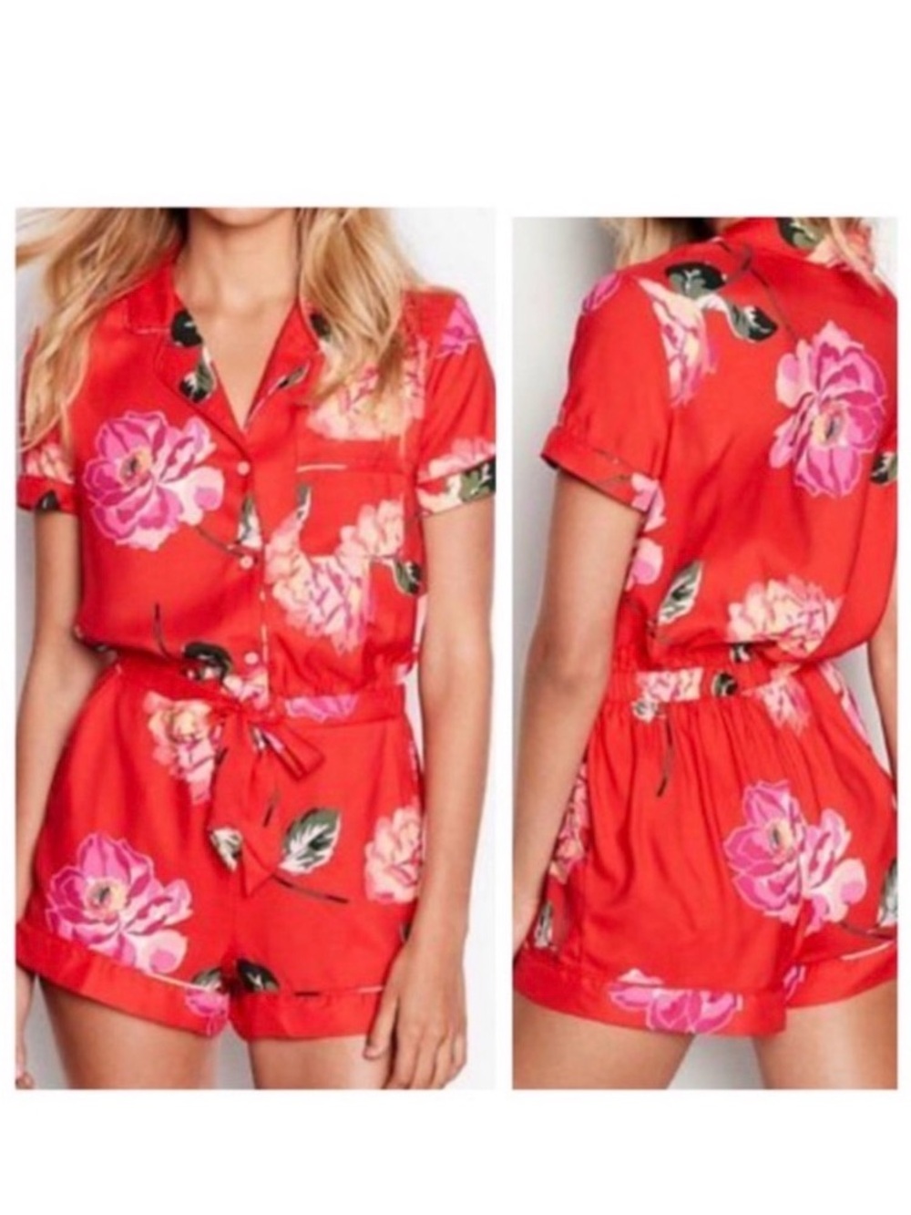 Victorias Secret Sleepwear Red Floral Romper Short Sleeve Pockets Sz Medium